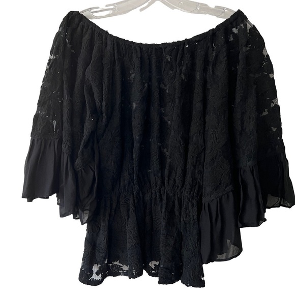 Revolve Line & Dot Off the Shoulder Sheer Ruffled Puff Flutter Sleeve Blouse - Picture 2 of 7